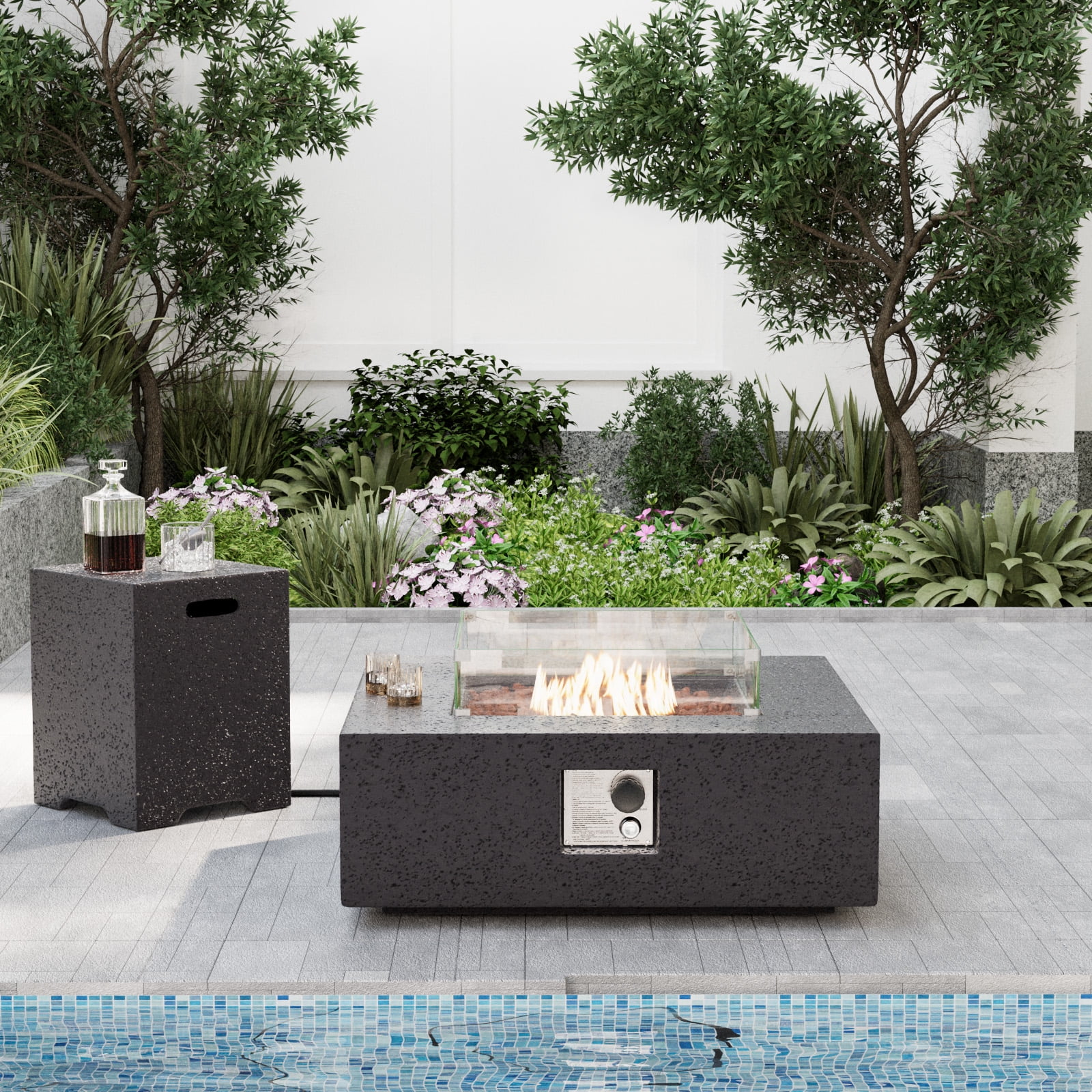 VENTOPYR 35''Outdoor Square Propane Fire Pit Table with Tank and Wind Guard