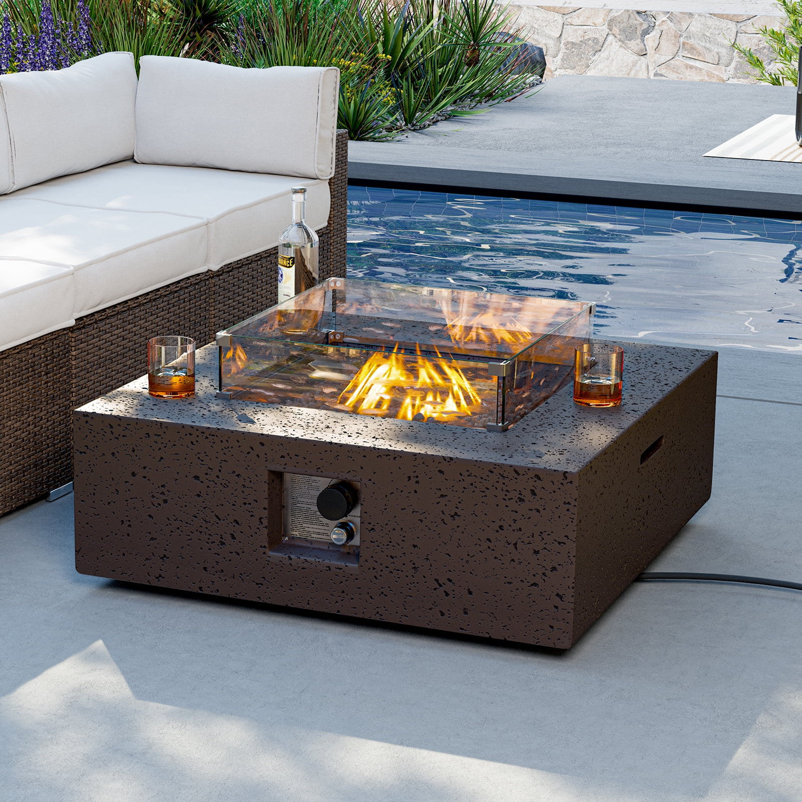 VENTOPYR 35''Outdoor Square Propane Fire Pit Table with Wind Guard