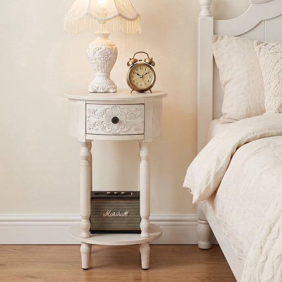 VENTOPYR Modern Carved Nightstand, Single-Drawer Round Bedside Table, Resin Front & Pine Legs for Bedroom & Living room, Easy Assembly, White