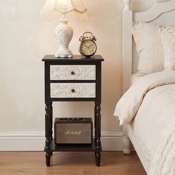 VENTOPYR Modern Carved Nightstand, Two-Drawer Rectangular Bedside Table, Resin Front & Pine Legs for Bedroom & Living room, Easy Assembly, Black