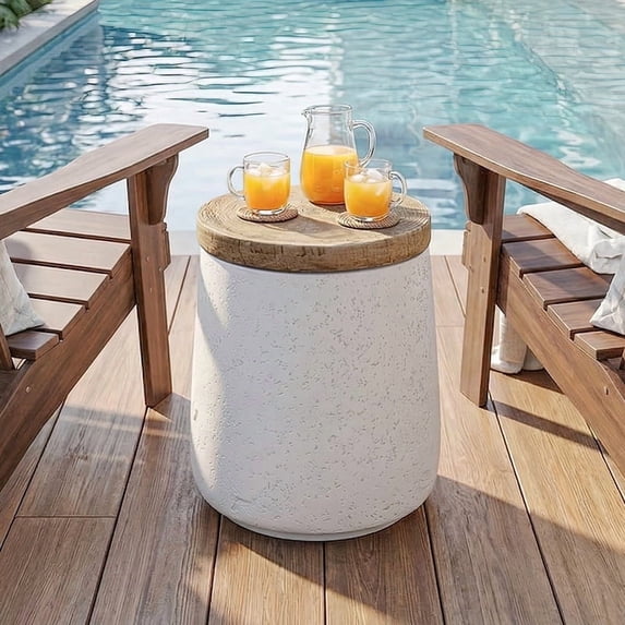 VENTOPYR Concrete Outdoor Side Table with Wood Grain Top,Small Cylinder Shaped Round Accent End Table for Patio,Garden,White