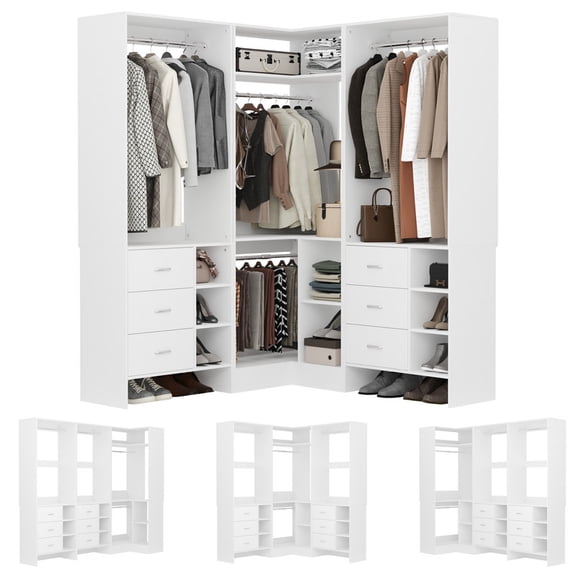 VENTOPYR Freestanding Wooden Wardrobe Storage,White Closet System with 6 Drawers & 4 Hanging Rods