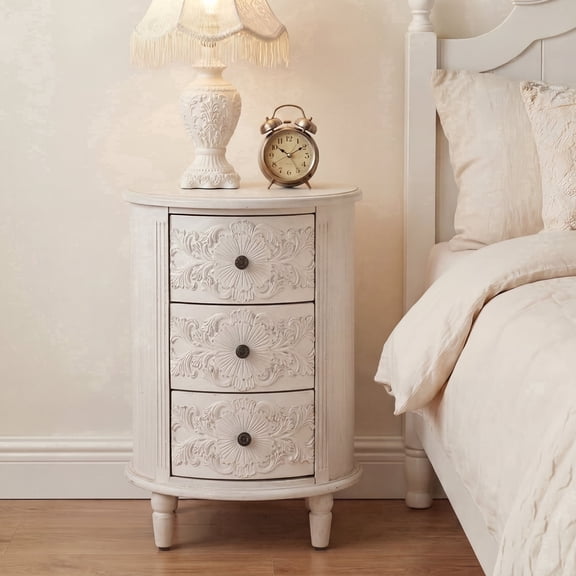 VENTOPYR Modern Carved Nightstand, Three-Drawer Round Bedside Table, Resin Front & Pine Legs for Bedroom & Living room, Easy Assembly, White
