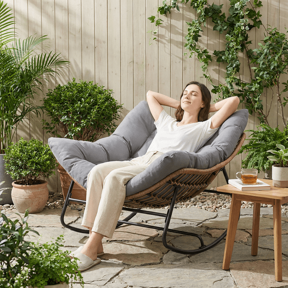 VENTOPYR Outdoor Rocking Egg Chair,Patio Rattan Wicker Rocking Chair with Thick Cushion