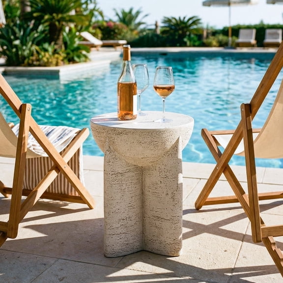 VENTOPYR Round Outdoor Side Table,White Concrete End Table w Corss Base