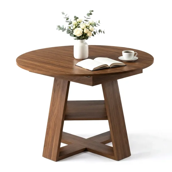 VENTOPYR Tension Extendable Dining Table for 4-8, 59" MDF Kitchen Table with Lower Storage Shelf, Space-Saving Expandable Table for Dining Room, Apartment, Walnut
