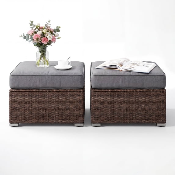 VENTOPYR Woven Water Hyacinth Square Ottoman Coffee Table with Dark Gray Fabric Cushion