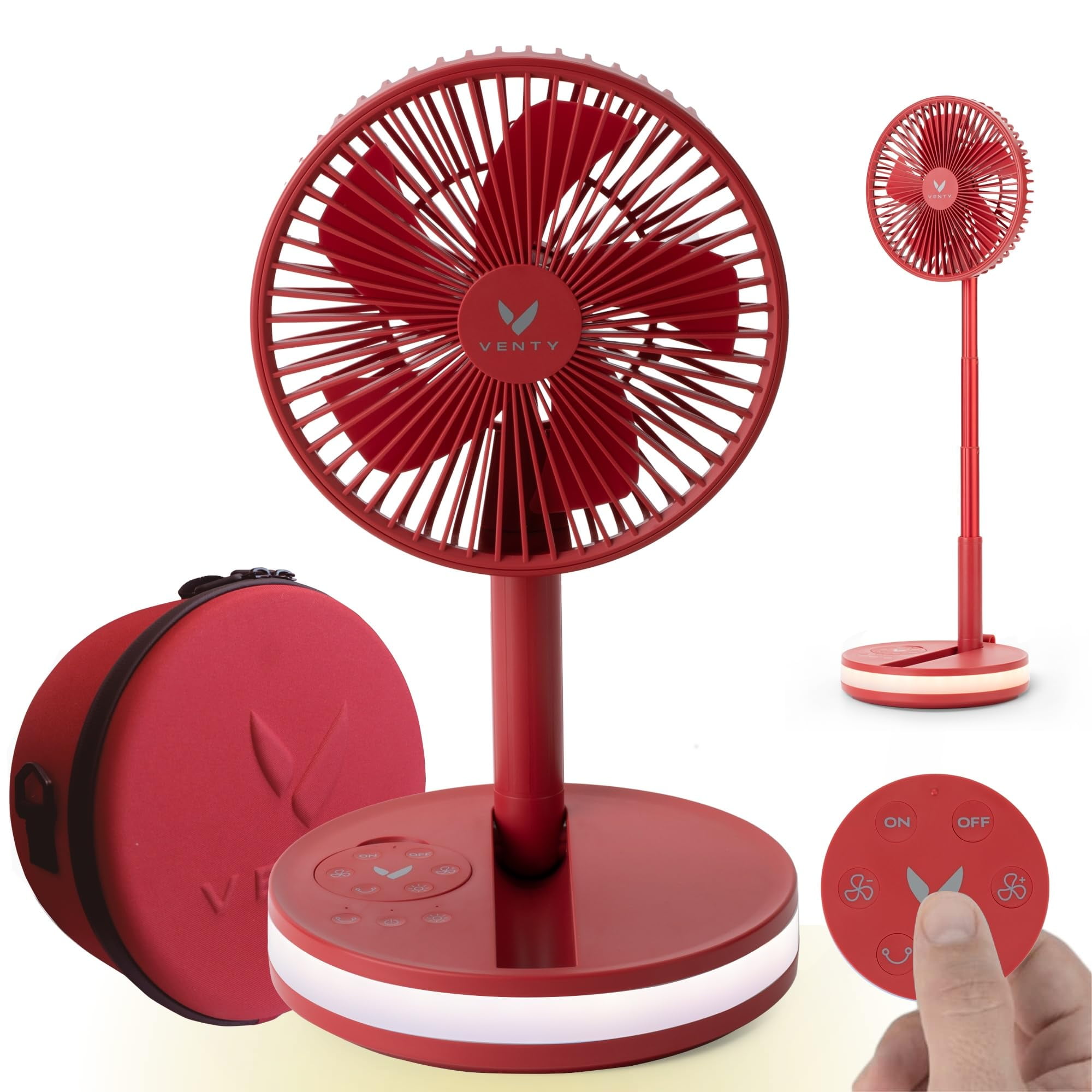 VENTY Portable Fan - Wireless Battery Operated Fan, 48HR Run Time 16000MAH Oscillating Rechargeable Fan, Remote Control & LED Lighting, Folding Telescopic Camping Fan (Red with Case)