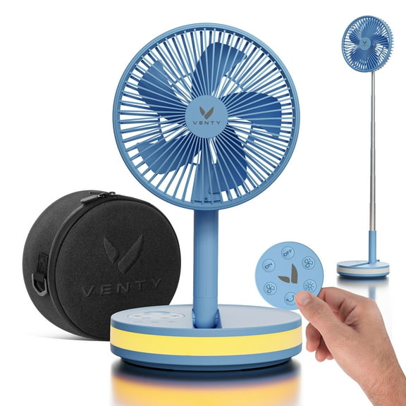 VENTY Portable Fan - Wireless Battery Operated Fan, 48HR Run Time 16000MAH Oscillating Rechargeable Fan, Remote Control & LED Lighting, Folding Telescopic Camping Fan (Blue with Case)