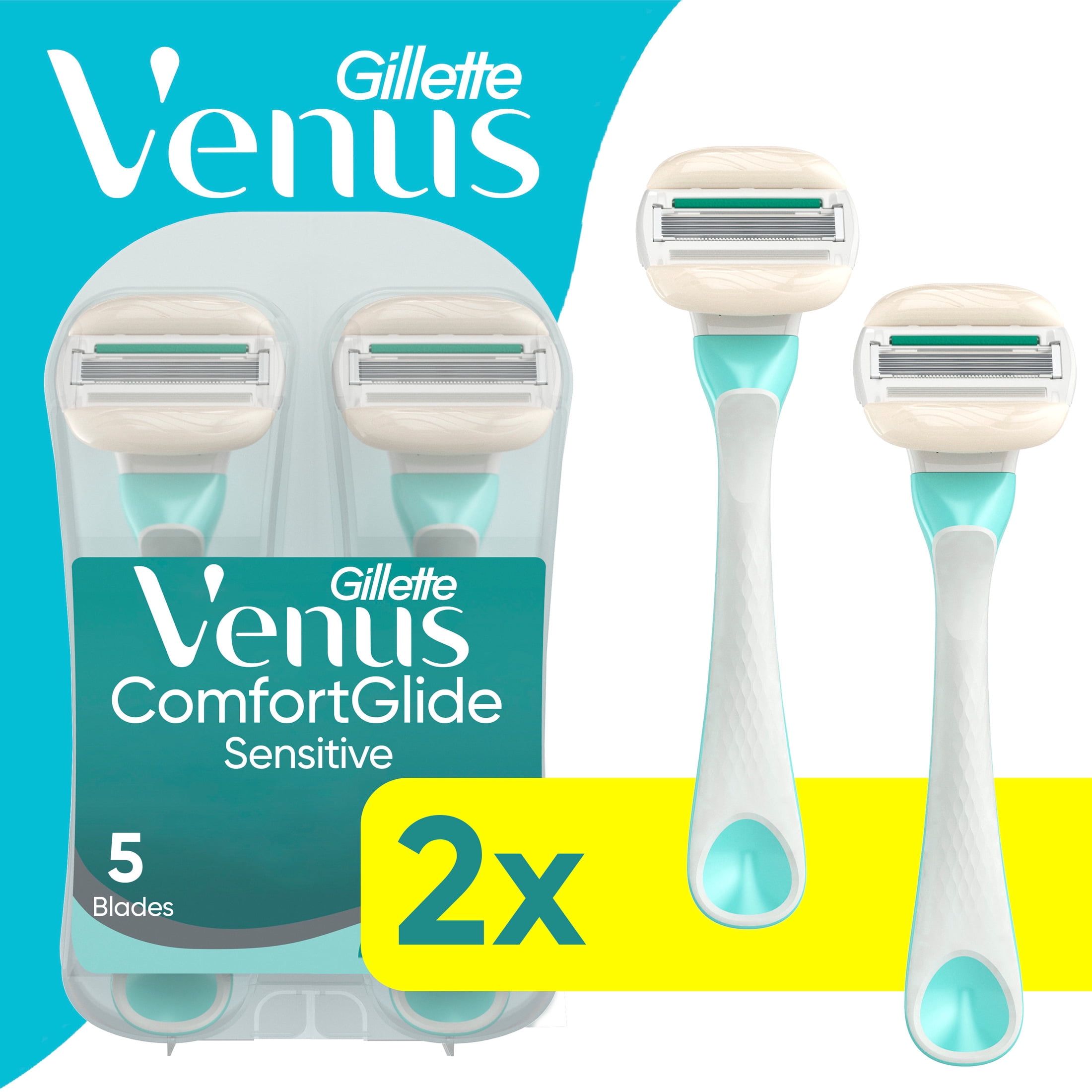 Gillette Venus ComfortGlide Sensitive Disposable Razor for Women, 5 Blades with a Touch of Aloe, Water-Activated Moisture Bars, 2ct