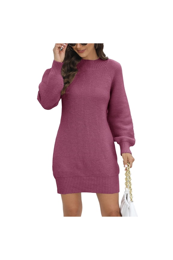 Long Sleeve Sweater Dress for Women 2026 Fall Ridded Kint Casual Mock Turtleneck Dress lightweight Puff Sleeve Sweater Dress Pullover