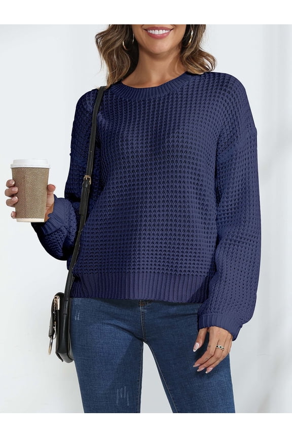 Oversized Waffle Texture Sweaters for Women Long Sleeve Pullover Knitted Tops
