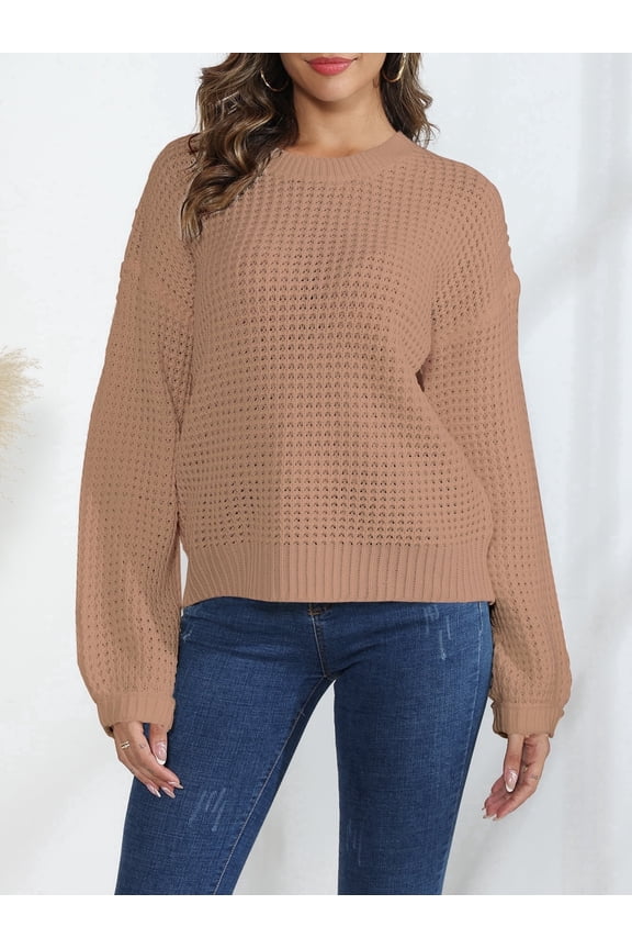 Oversized Waffle Texture Sweaters for Women Long Sleeve Pullover Knitted Tops
