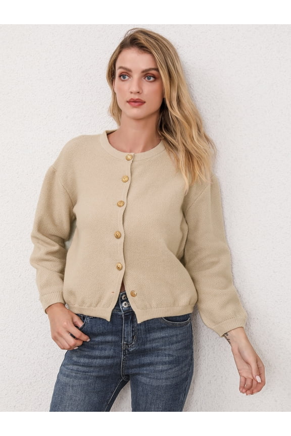Women's Long Sleeve Cardigan Sweater Open Front Button Down Crewneck Button Knit Jacket