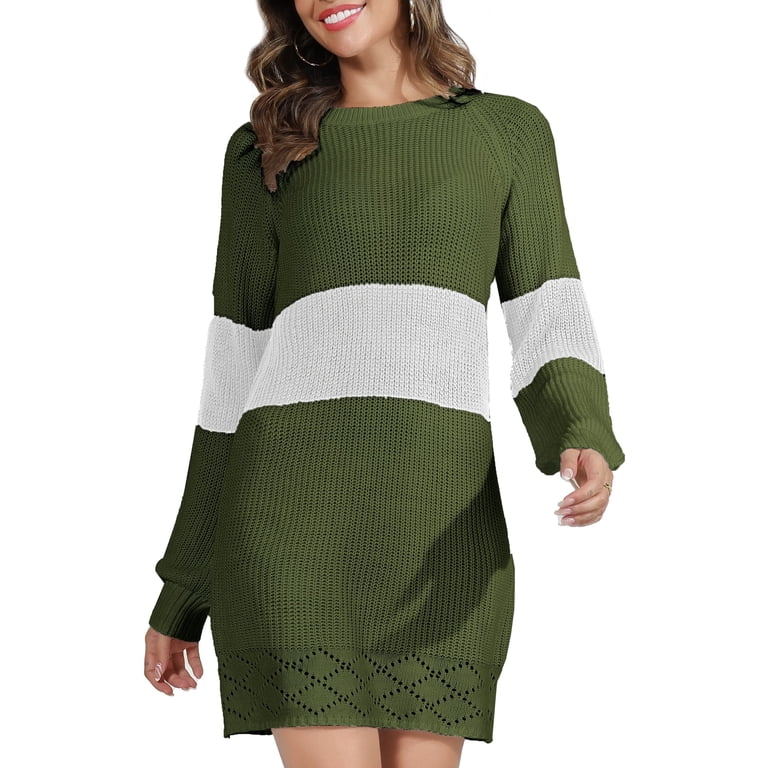 Venuzor Women's Casual Patchwork Color Oversized Pullover Sweater Mid-Length Ribbed Knit Dress, Size: Medium, Green