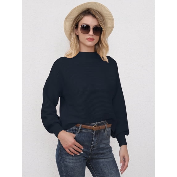 VENUZOR Women's Puffy Sleeve Mock Neck Pullover Knit Oversized Solid Color Sweater Tops