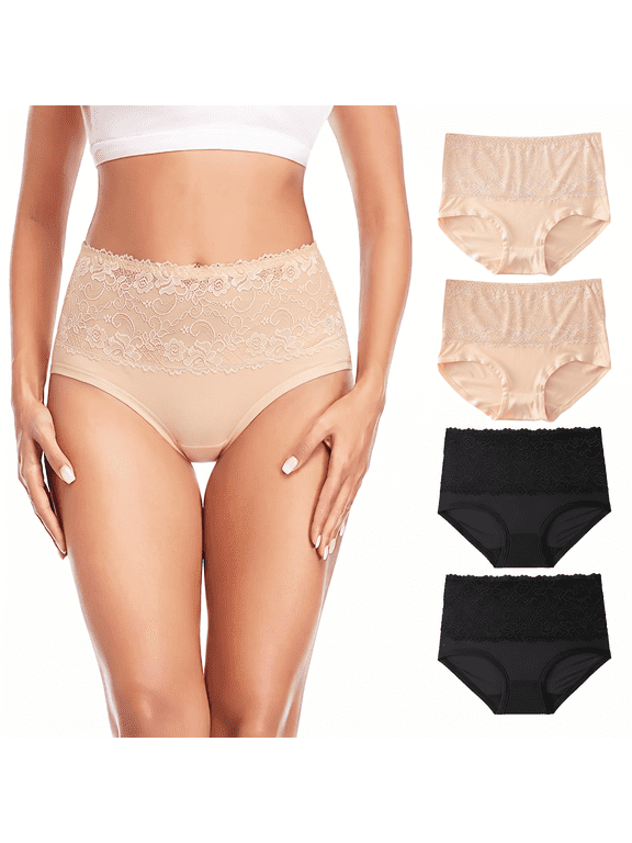 4 Pack Women's High Waisted Cotton Lace Thongs Seamless No Show Tummy Control Everyday Panties