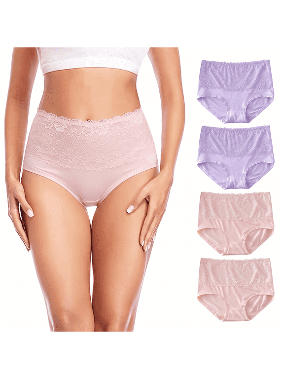 4 Pack Women's High Waisted Cotton Lace Thongs Seamless No Show Tummy Control Everyday Panties
