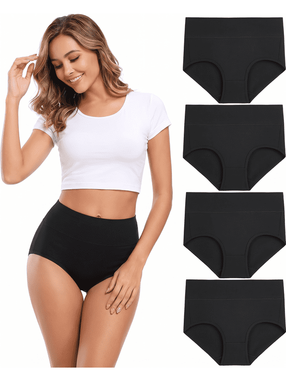 Women's High Waisted Cotton Underwear, Full Coverage Briefs with Tummy Support, Soft Stretch Panties 4 Pack (Regular & Plus Size)