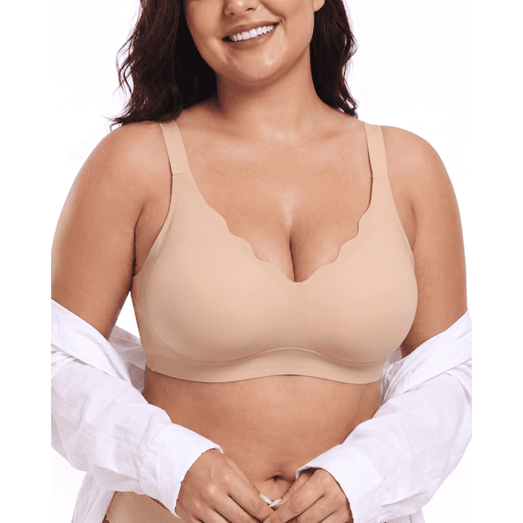 VEOFUX Women's Wireless Seamless Jelly Bra, No Underwire Scalloped Push Up Bras Soft Wireless Comfort Bralettes Full Coverage