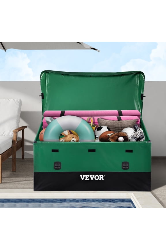 VEOVR Outdoor Storage Box, 150 Gallon Waterproof PE Tarpaulin Deck Box with Galvanized Frame, All-Weather Protection & Portable, for Camping, Garden, Poolside, and Yard, Brown & Blue