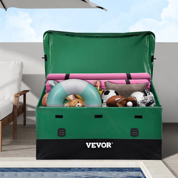 VEVOR Outdoor Storage Box, 150 Gallon Waterproof PE Tarpaulin Deck Box with Galvanized Frame, All-Weather Protection & Portable, for Camping, Garden, Poolside, and Yard, Brown & Blue