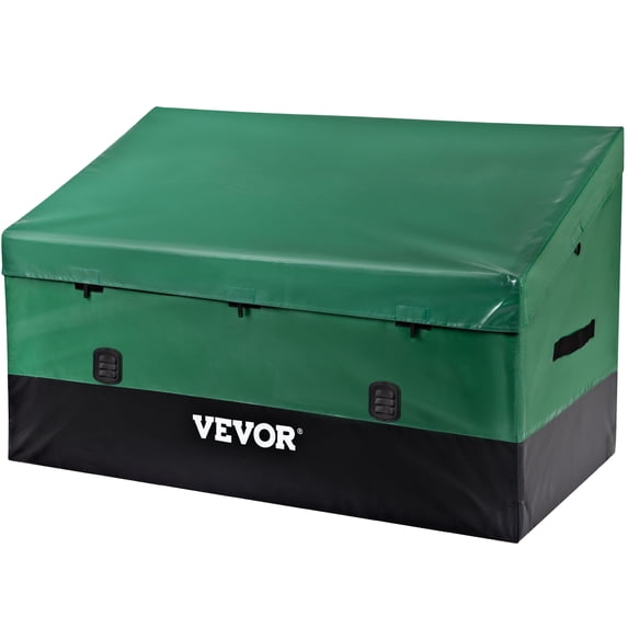 VEOVRbrand Outdoor Storage Box, 150 Gallon Waterproof PE Tarp Deck Box w/ Galvanized Frame, All-Weather Protection & Portable, for Camping, Garden, Poolside, and Yard, Brown & Blue