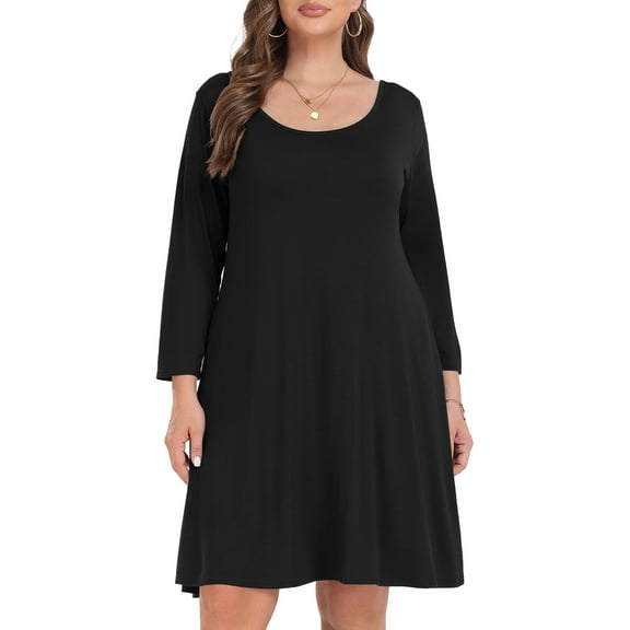 VEPKUL Casual Plus Size Dresses 3/4 Sleeve Loose Fits Dress Crew Neck Flowy Swing with Pockets Black_1X