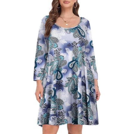 VEPKUL Casual Plus Size Dresses 3/4 Sleeve Loose Fits Dress Crew Neck Flowy Swing with Pockets Flower18_1X