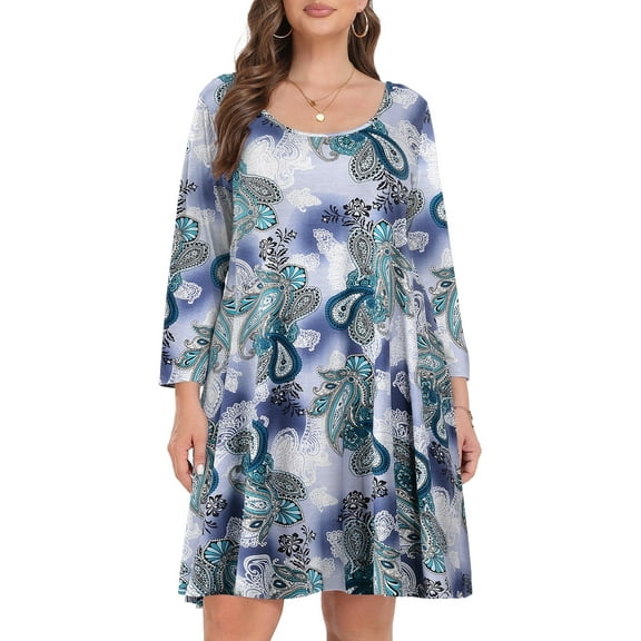 VEPKUL Casual Plus Size Dresses 3/4 Sleeve Loose Fits Dress Crew Neck Flowy Swing with Pockets Flower18_1X