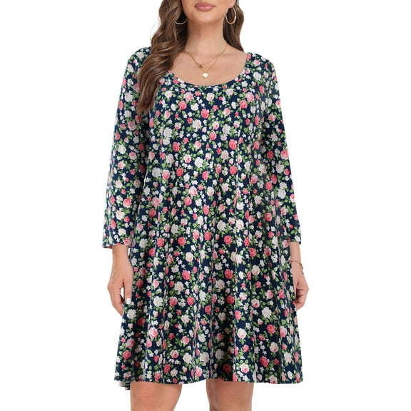 VEPKUL Casual Plus Size Dresses 3/4 Sleeve Loose Fits Dress Crew Neck Flowy Swing with Pockets 4-NavyBlue_1X