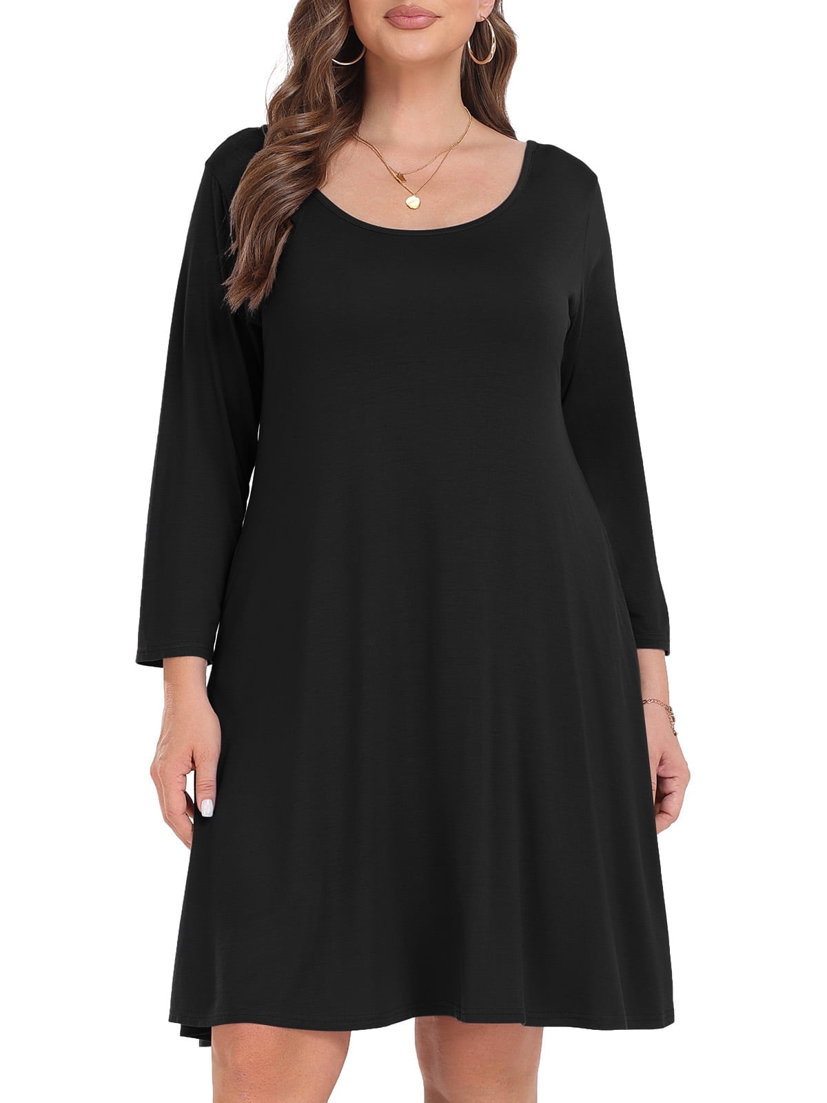 Plus Size Cotton Casual Summer Three-Quarter Sleeve Loose Pleated Dress