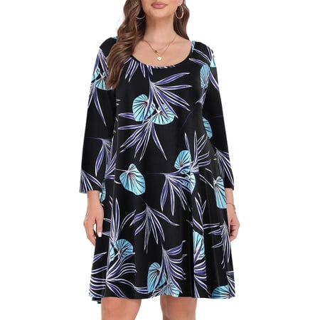 VEPKUL Casual Plus Size Dresses 3/4 Sleeve Loose Fits Dress Crew Neck Flowy Swing with Pockets Flower32_2X