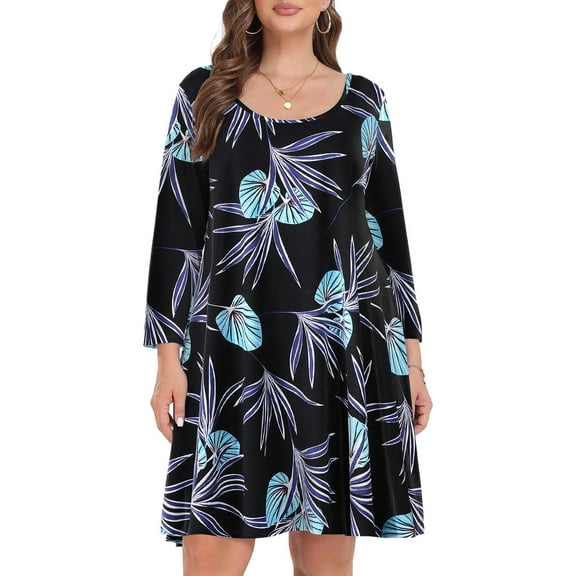 VEPKUL Casual Plus Size Dresses 3/4 Sleeve Loose Fits Dress Crew Neck Flowy Swing with Pockets Flower32_2X