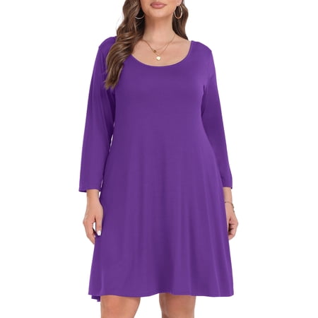 VEPKUL Casual Plus Size Dresses 3/4 Sleeve Loose Fits Dress Crew Neck Flowy Swing with Pockets DarkPurple_2X