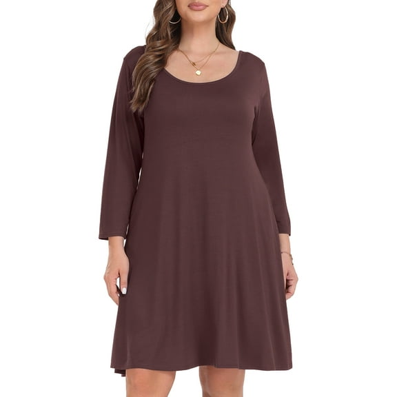 VEPKUL Casual Plus Size Dresses 3/4 Sleeve Loose Fits Dress Crew Neck Flowy Swing with Pockets Coffee_2X