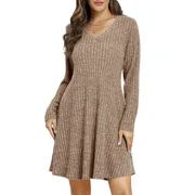 VEPKUL Plus Size Sweater Dresses for Curvy Women, Long Sleeve Plus Size Dresses Casual Fall Winter Dress V Neck Tunic Dress with Pocket