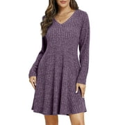 VEPKUL Plus Size Dresses for Curvy Women 3XL, Long Sleeve Sweater Dresses Casual Fall Winter Dress V Neck Tunic Dress with Pockets