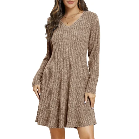 VEPKUL Plus Size Sweater Dresses for Curvy Women, Long Sleeve Plus Size Dresses Casual Fall Winter Dress V Neck Tunic Dress with Pocket