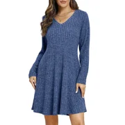 VEPKUL Plus Size Dresses for Curvy Women 3XL, Long Sleeve Sweater Dresses Casual Fall Winter Dress V Neck Tunic Dress with Pockets