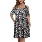 VEPKUL Women's Plus Size Dresses 4X Short Sleeve Cold Shoulder T Shirt Dresses Casual A Line Flowy Swing Loose Dress with Pockets