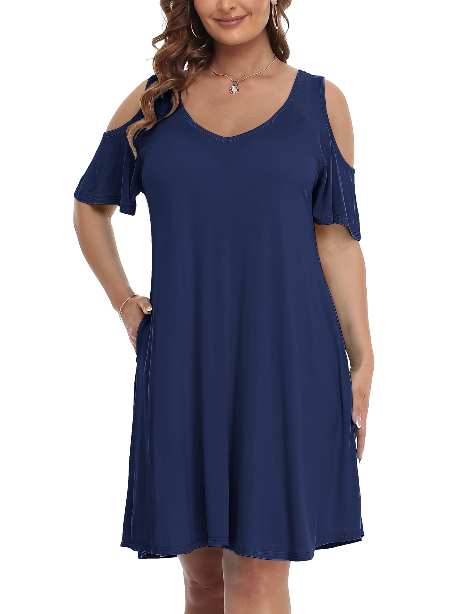 chinese dress ladies Wkior Summer Dress for Women Short Sleeve Solid Color Loose Casual Elegant  Dress Black S at Amazon Women's Clothing store main image 1