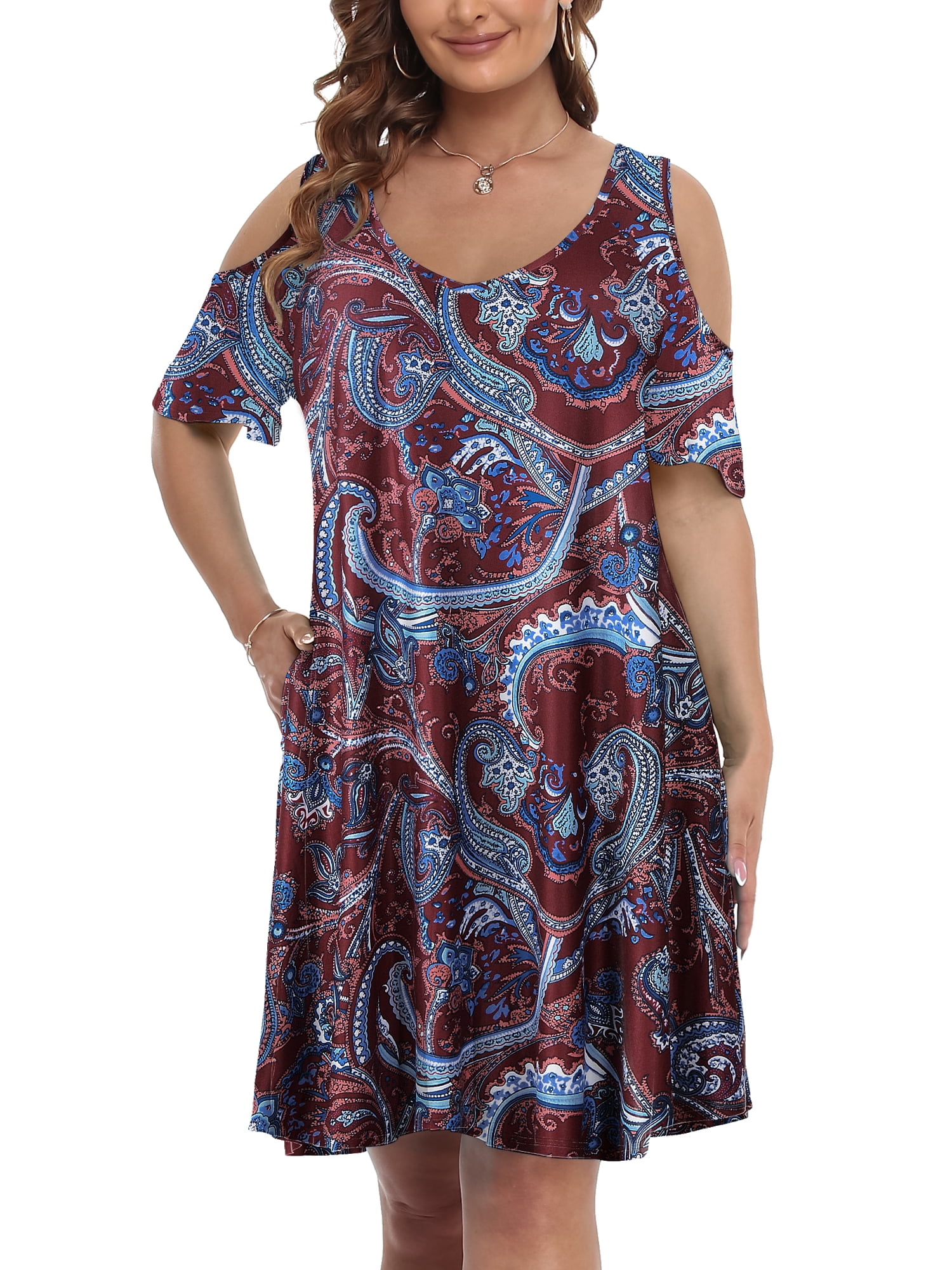 Plus Size Cold Shoulder Dress - Short Sleeve V-Neck T-Shirt Dress With Pockets, Flowy & Comfy For Summer