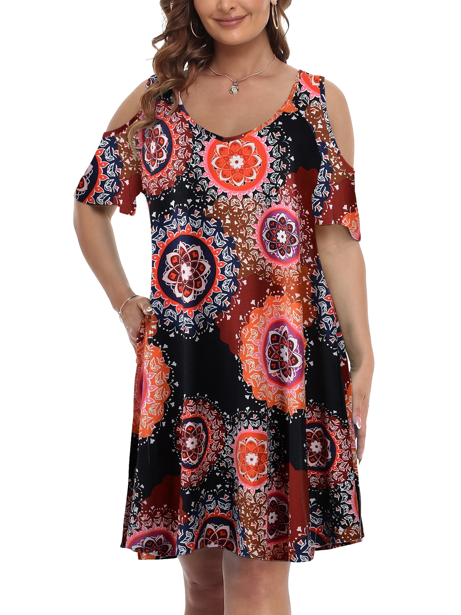 JollieLovin Women's Casual Swing Dress With Pockets - Short Sleeve, Loose Fit, Floral Print (Size M)