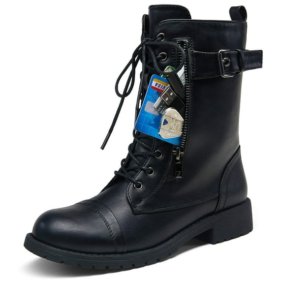 VEPOSE Women's Ankle Booties Lace Up Mid Calf Military Combat Bootie Flat Buckle Shoes Black Size 7