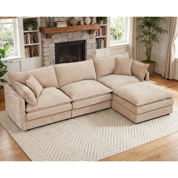 VEPXXP 103" Oversized L Shape Modular Sectional Sofa, Modern Chenille Cloud Couch with Deep Seat, Movable Ottoman and Pillows for Living Room, Camel