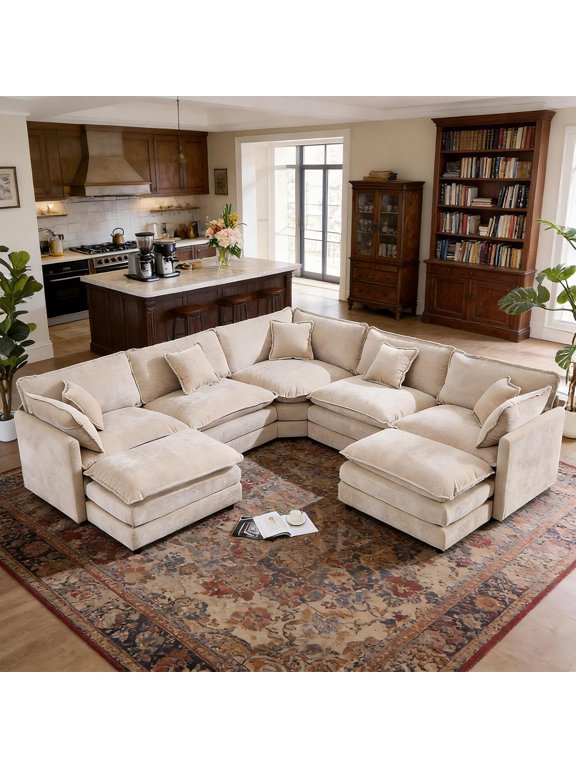 113" Oversized Modular Sectional Cloud Couch for Living Room, 7 Seater Deep Seat Chenille Corner Sofa with Pillows and Movable Ottomans, Camel