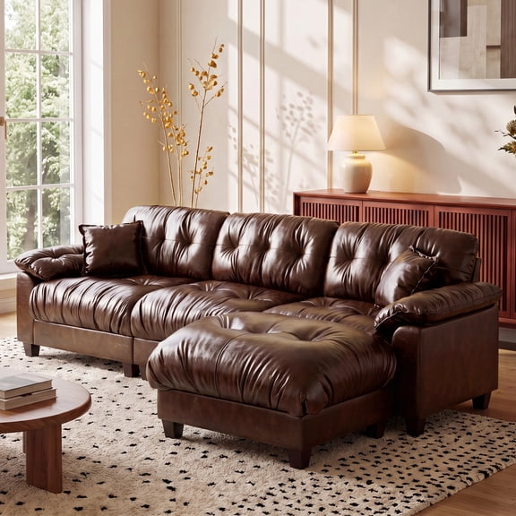 VEPXXP 124.2" L-Shaped Faux Leather Couch, Oversized Leather Sectional with Deep Seat & Removable Armrest, Tufted Sofa with Ottoman, Comfy Cloud Couches for Living Room, Brown