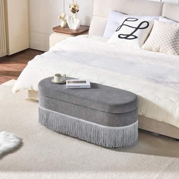 VEPXXP 39" Oval Fabric Upholstered Storage Ottoman with Fringe Trim and Lift-Top Lid, Multi-Functional Footrest with Hidden Storage for Living Room Bedroom Entryway, Grey