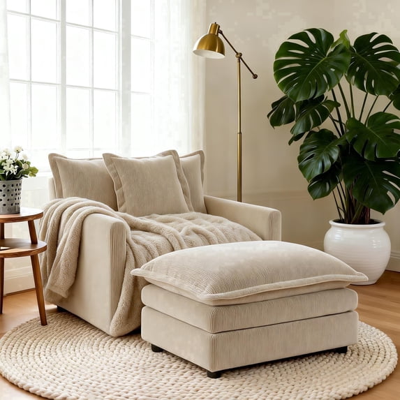VEPXXP 41.4" Oversized Chenille Accent Chair with Ottoman, Modern Deep Seat Lounge Chair, Comfy Upholstered Armchair for Living Room Bedroom Apartment Small Space, Beige